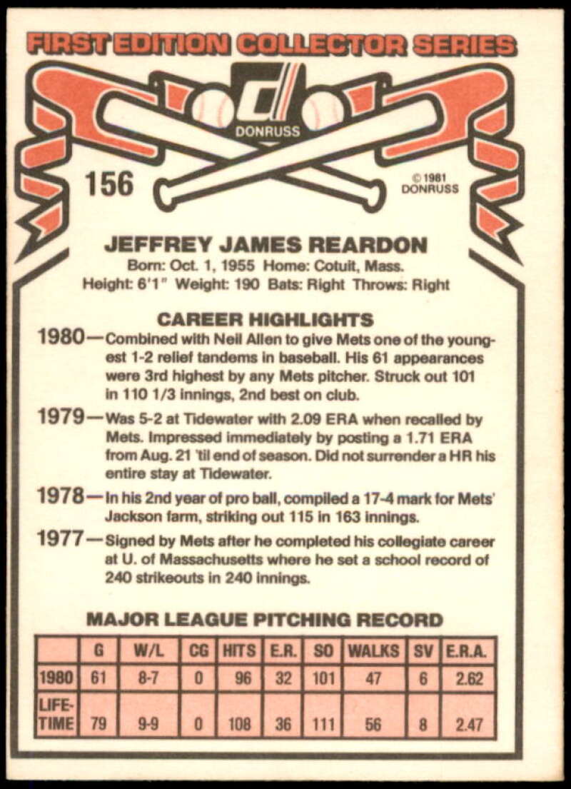 Jeff Reardon Rookie Card 1981 Donruss #156  Image 2