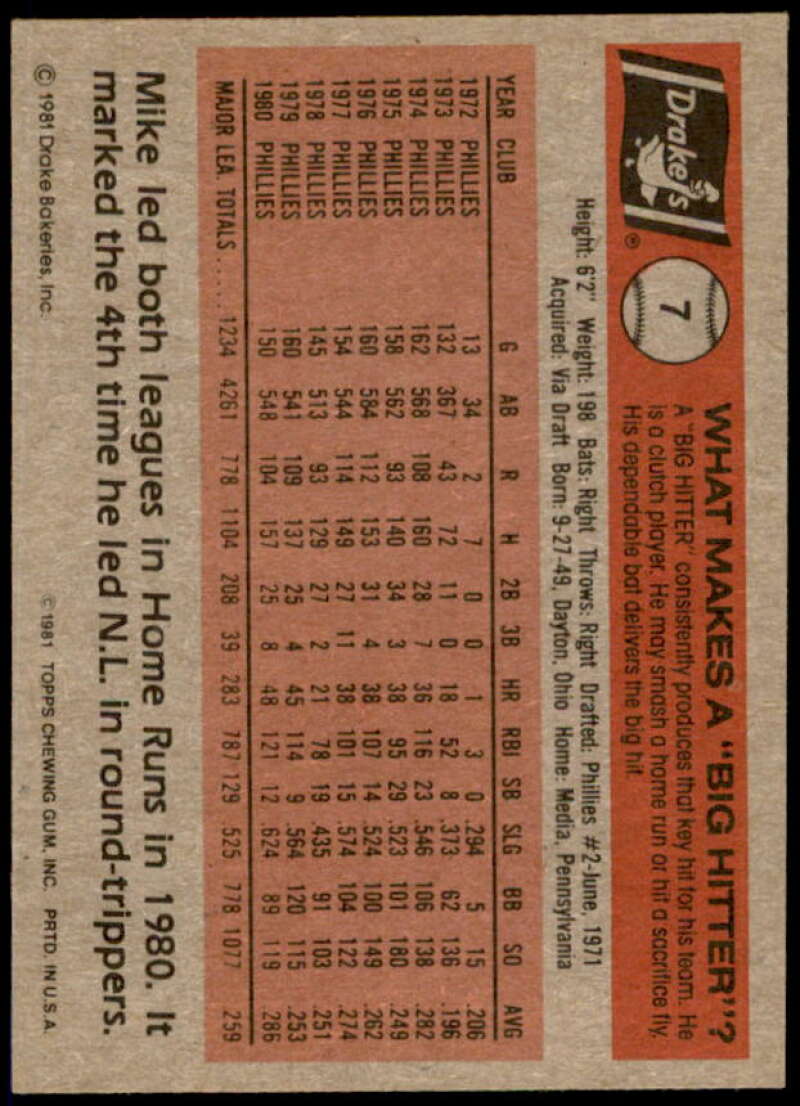 Mike Schmidt Card 1981 Drake's #7  Image 2