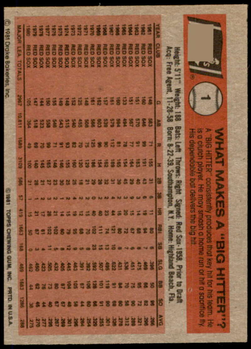 Carl Yastrzemski Card 1981 Drake's #1  Image 2