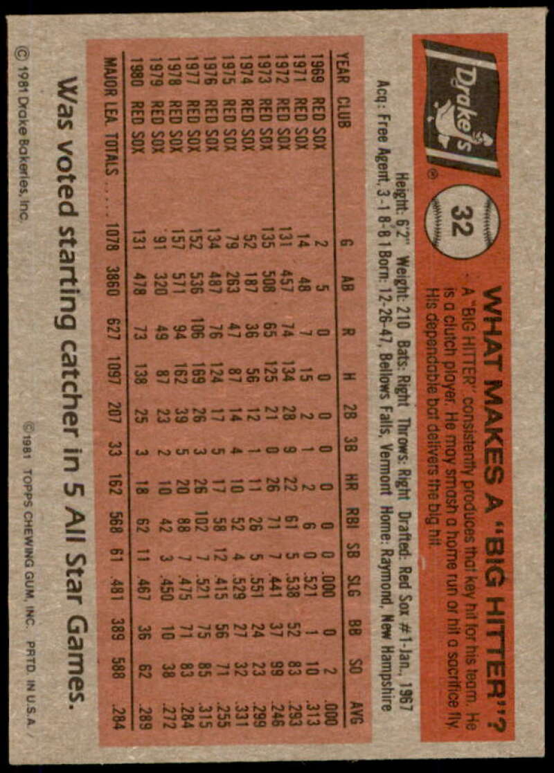 Carlton Fisk Card 1981 Drake's #32  Image 2