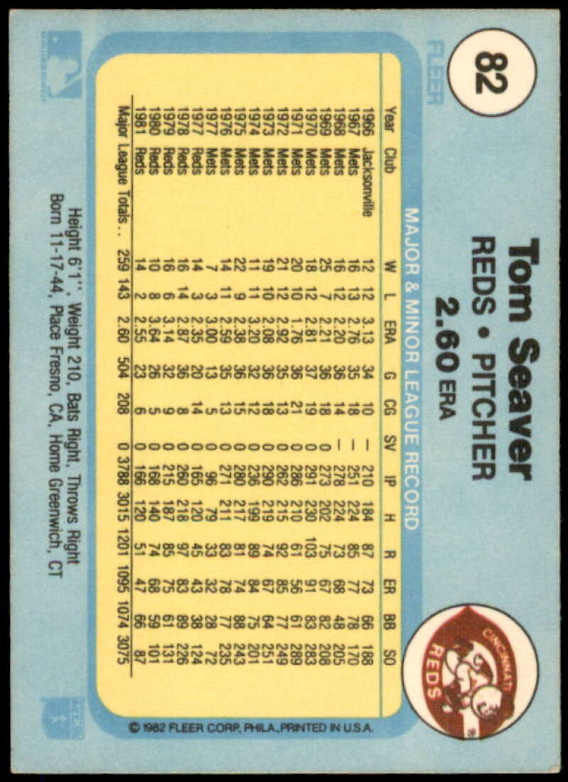 Tom Seaver Card 1982 Fleer #82  Image 2