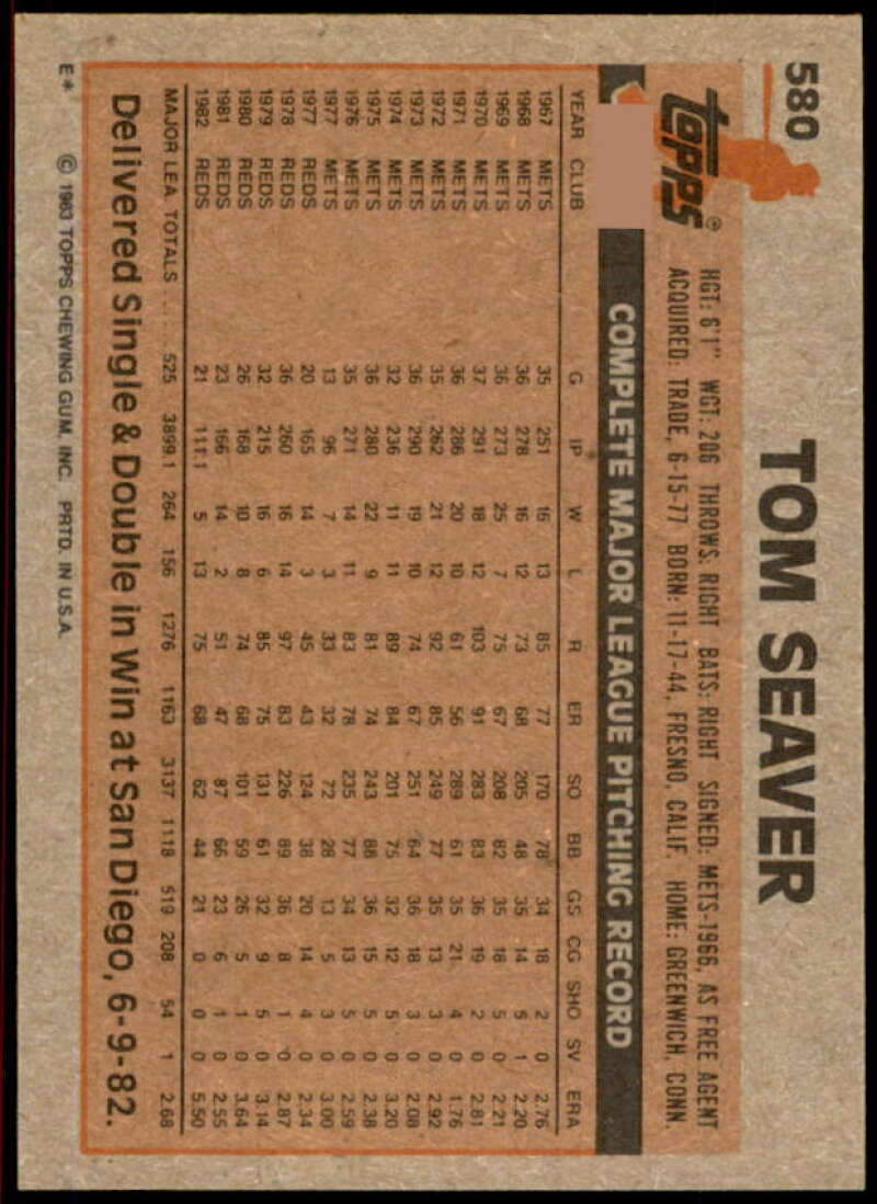 Tom Seaver Card 1983 Topps #580  Image 2