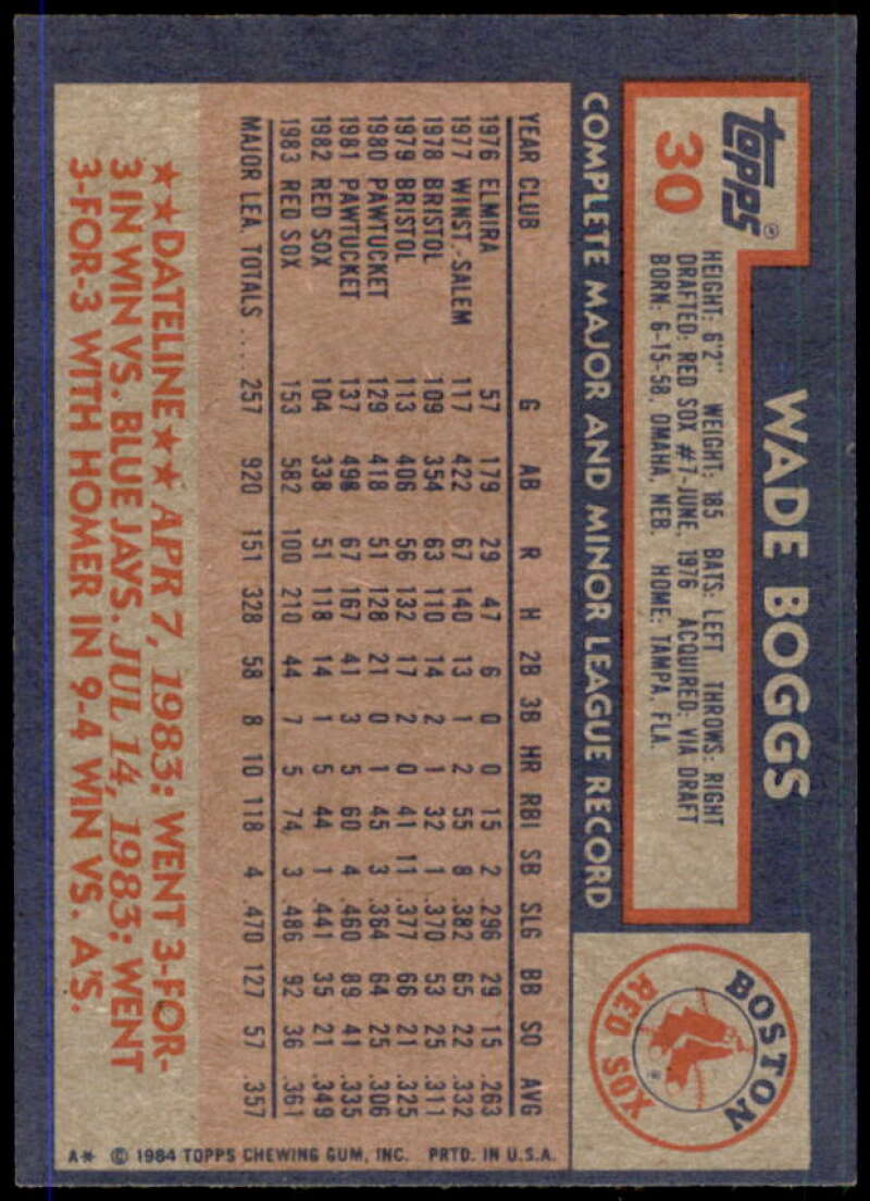 Wade Boggs Card 1984 Topps #30  Image 2