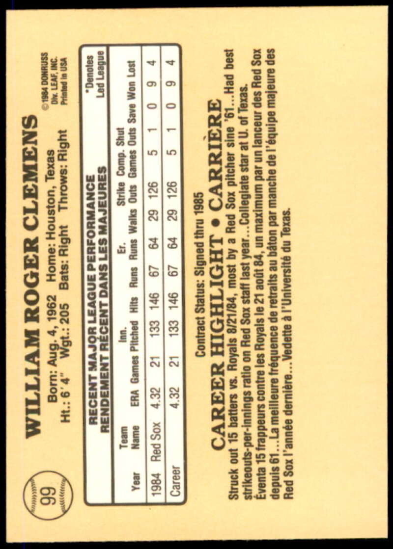 Roger Clemens Rookie Card 1985 Leaf/Donruss #99  Image 2