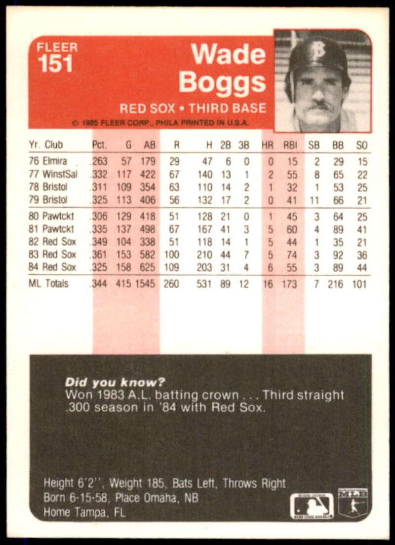 Wade Boggs Card 1985 Fleer #151  Image 2