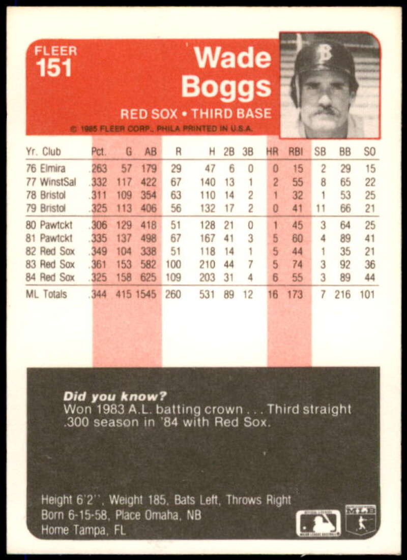 Wade Boggs Card 1985 Fleer #151  Image 2