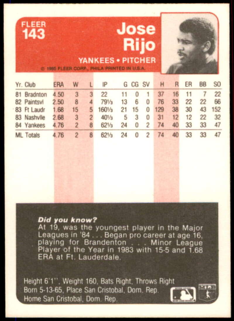 Jose Rijo Rookie Card 1985 Fleer #143  Image 2