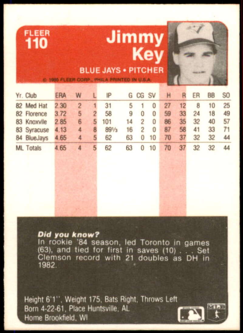 Jimmy Key Rookie Card 1985 Fleer #110  Image 2