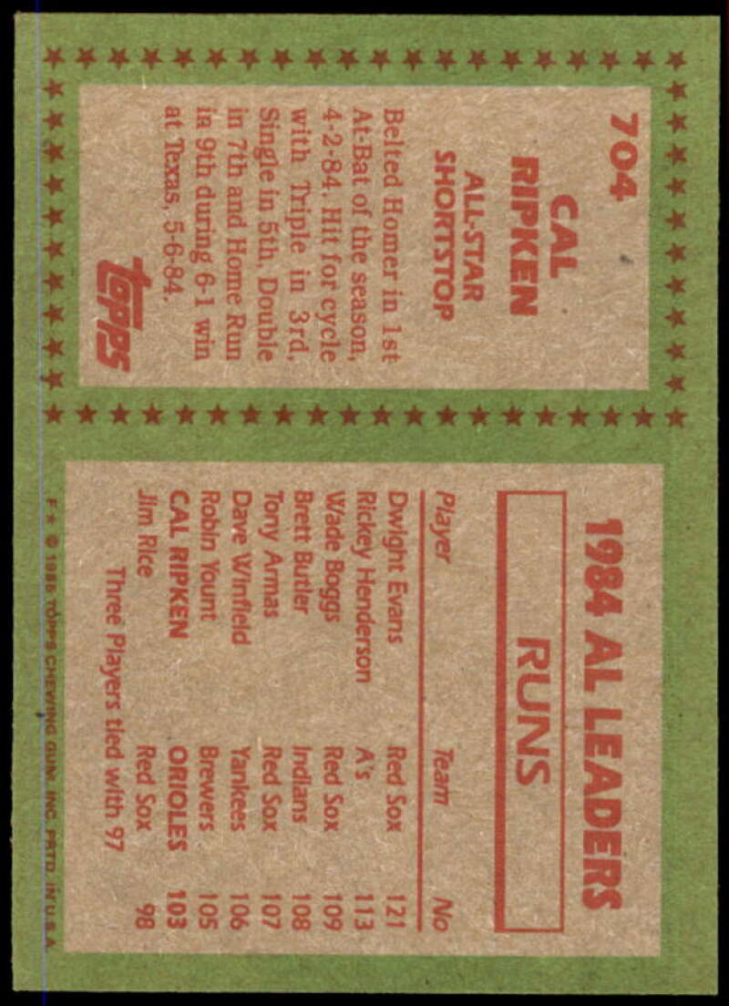 Cal Ripken AS Card 1985 Topps #704  Image 2