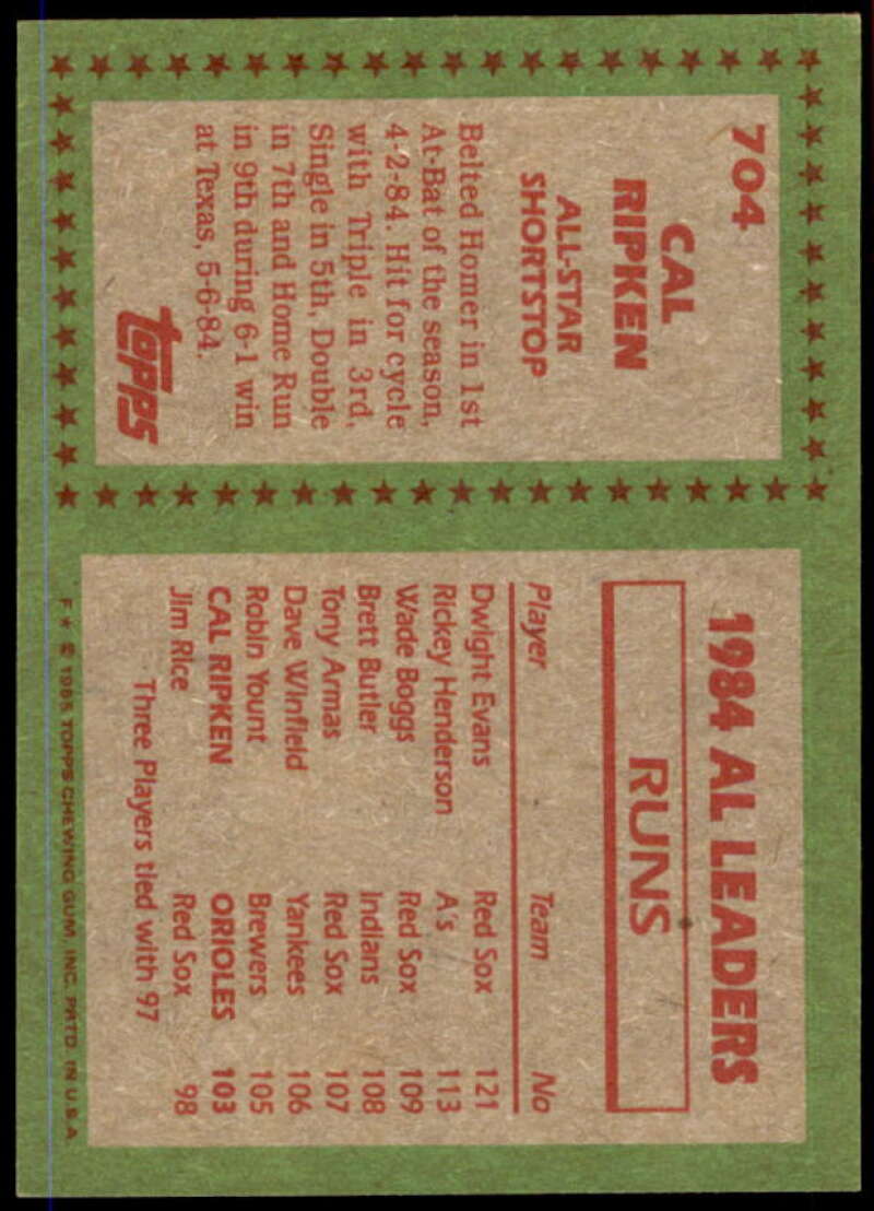 Cal Ripken AS Card 1985 Topps #704  Image 2