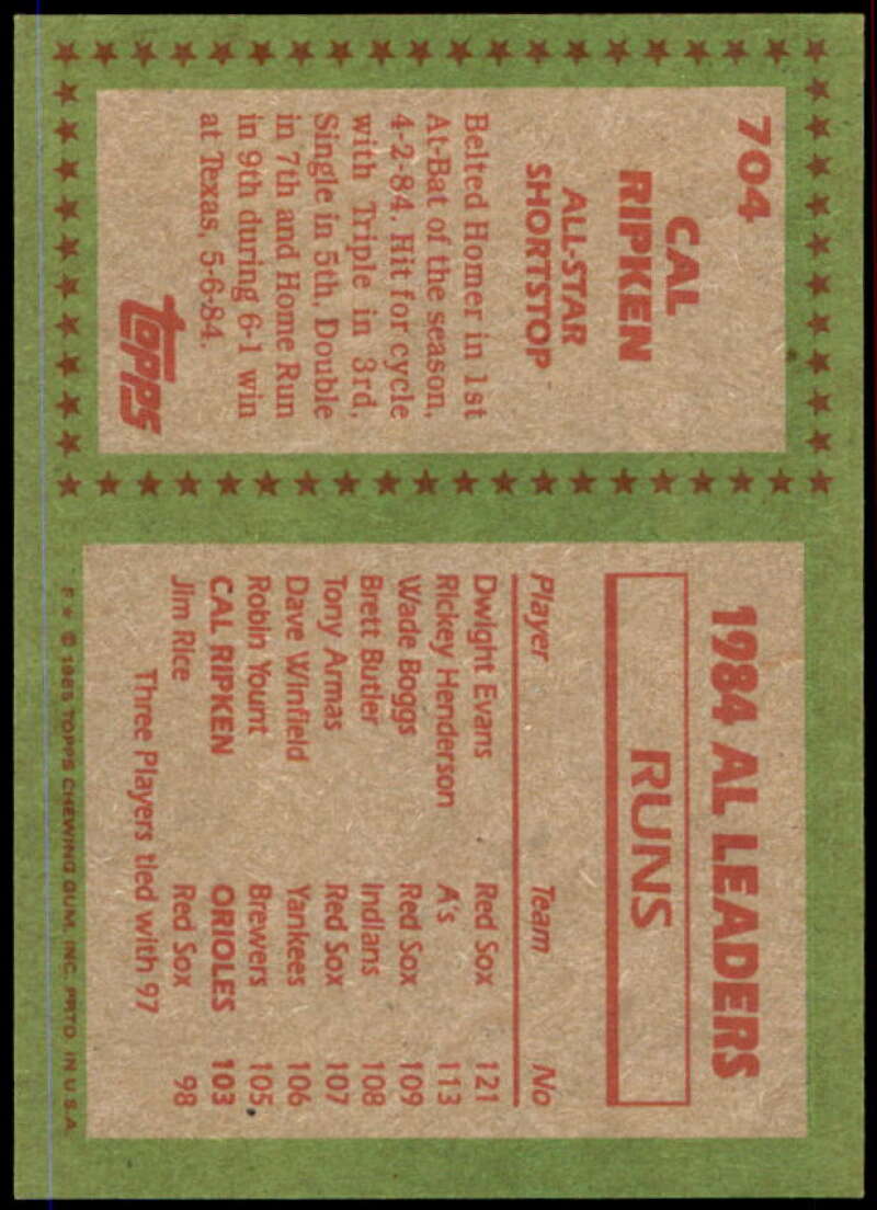 Cal Ripken AS Card 1985 Topps #704  Image 2