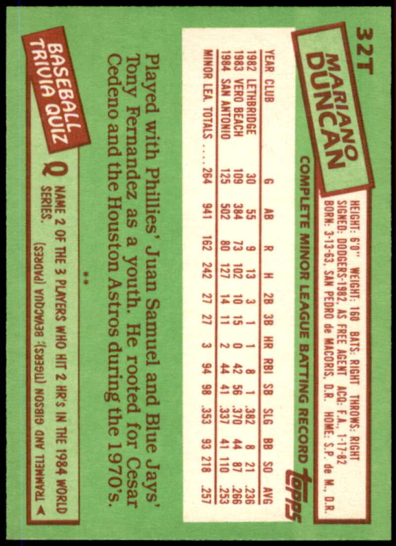 Mariano Duncan XRC Rookie Card 1985 Topps Traded #32T  Image 2