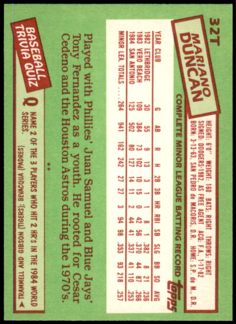 Mariano Duncan XRC Rookie Card 1985 Topps Traded #32T  Image 2