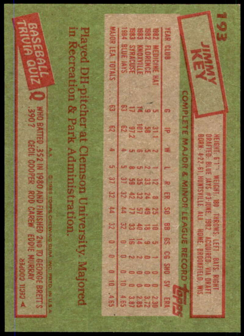 Jimmy Key Rookie Card 1985 Topps #193  Image 2
