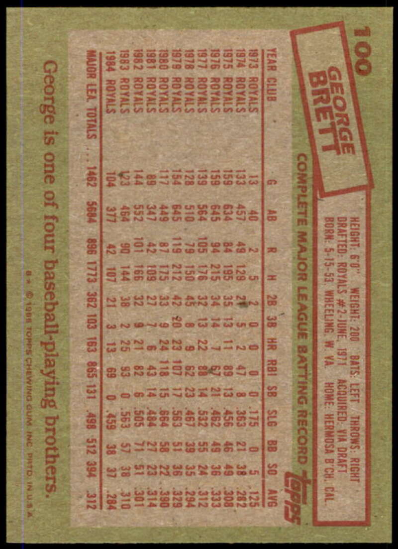 George Brett Card 1985 Topps #100  Image 2