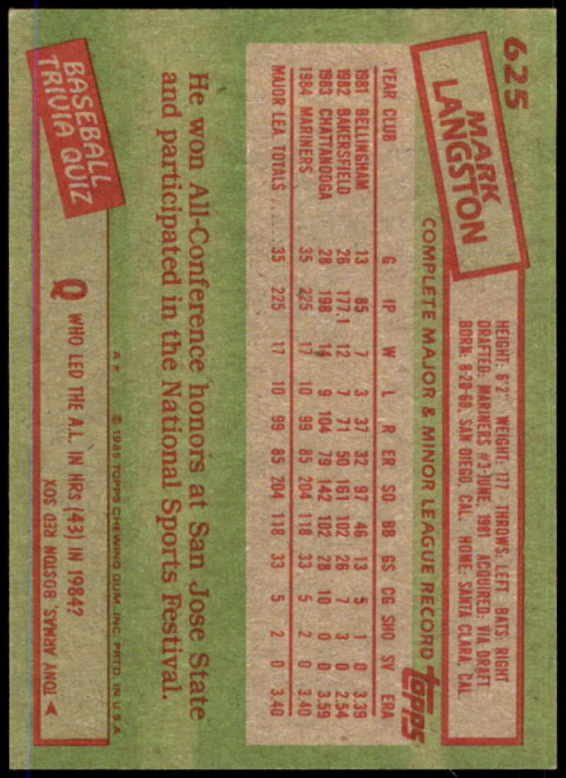 Mark Langston Rookie Card 1985 Topps #625  Image 2