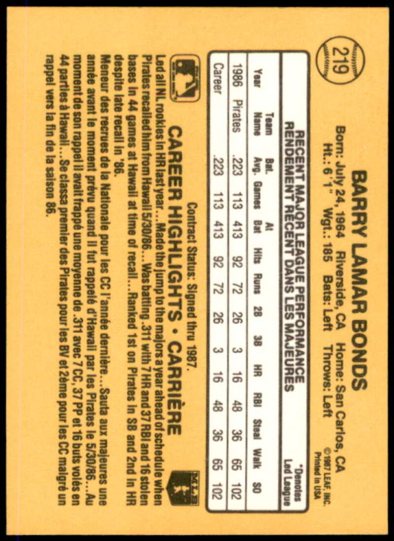 Barry Bonds Rookie Card 1987 Leaf/Donruss #219  Image 2