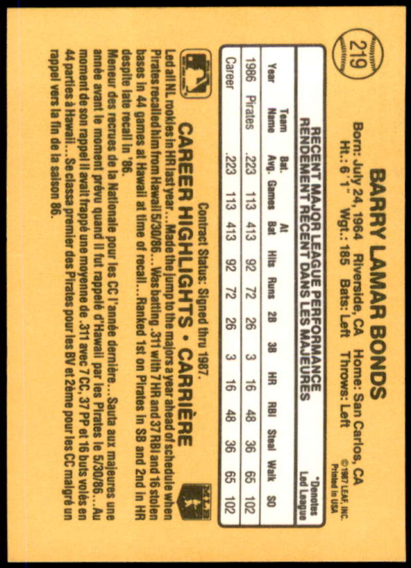 Barry Bonds Rookie Card 1987 Leaf/Donruss #219  Image 2