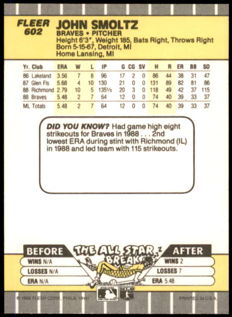John Smoltz Rookie Card 1989 Fleer #602  Image 2