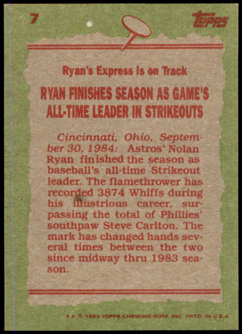 Nolan Ryan RB Card 1985 Topps #7  Image 2