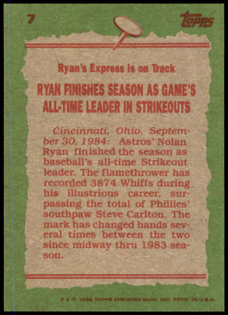 Nolan Ryan RB Card 1985 Topps #7  Image 2