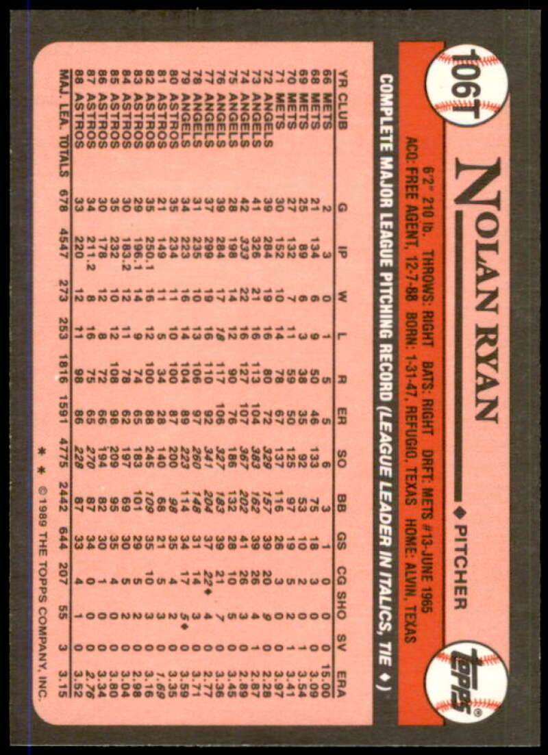 1989 Topps Traded Nolan Ryan Baseball Card