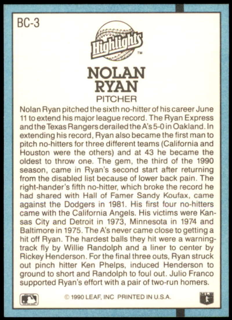 Nolan Ryan NH Card 1991 Donruss Bonus Cards #BC3  Image 2