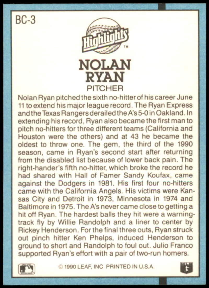 Nolan Ryan NH Card 1991 Donruss Bonus Cards #BC3  Image 2