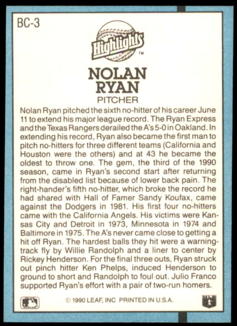Nolan Ryan NH Card 1991 Donruss Bonus Cards #BC3  Image 2