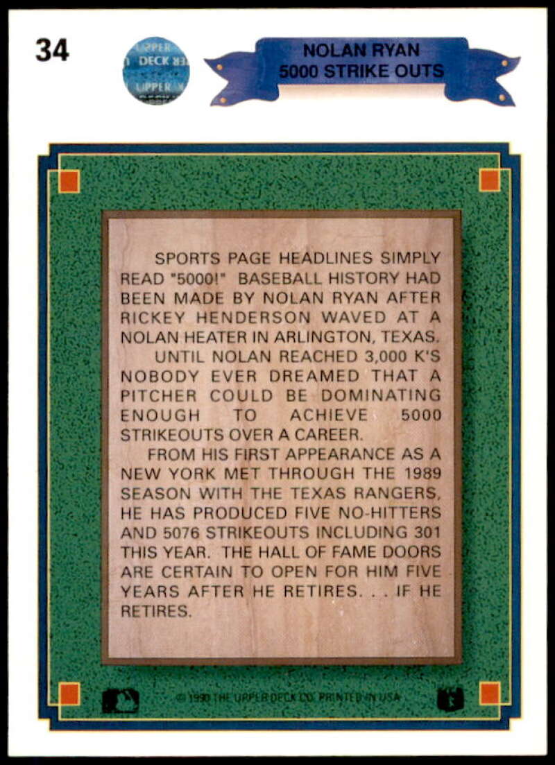 Nolan Ryan Special Card 1990 Upper Deck #34  Image 2