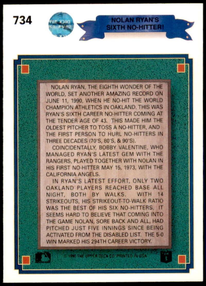 Nolan Ryan Card 1990 Upper Deck #734B  Image 2