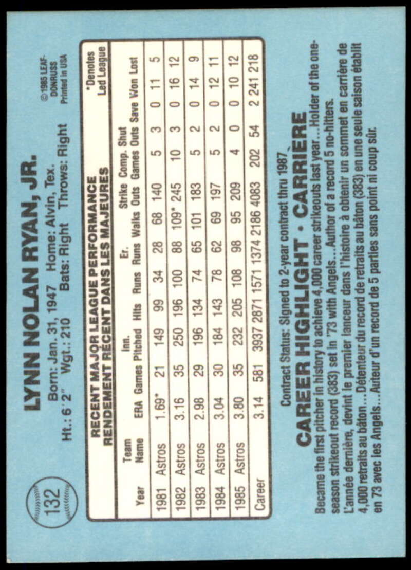 Nolan Ryan Card 1986 Leaf/Donruss #132  Image 2