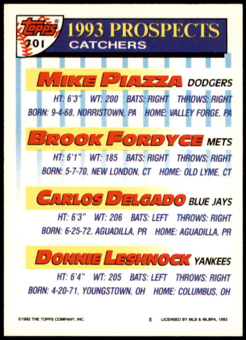 Mike Piazza/Fordyce/Carlos Delgado/Leshnock Rookie Card 1993 Topps #701  Image 2