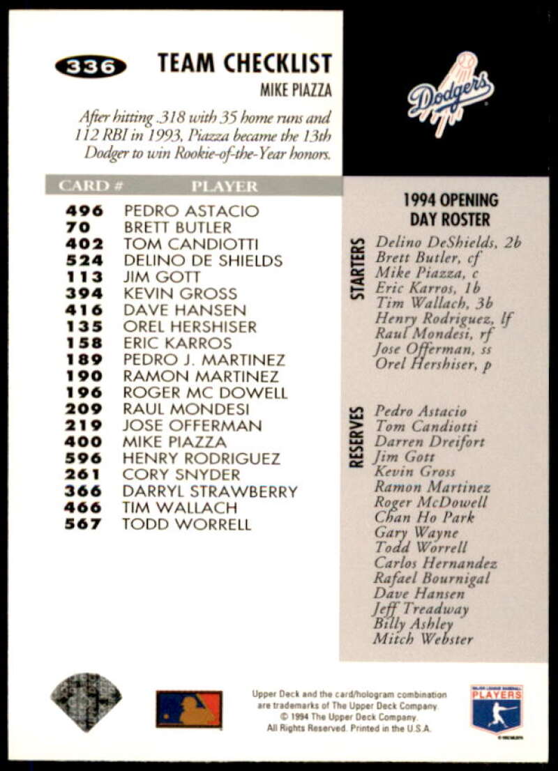 Mike Piazza TC Card 1994 Collector's Choice Silver Signature #336  Image 2