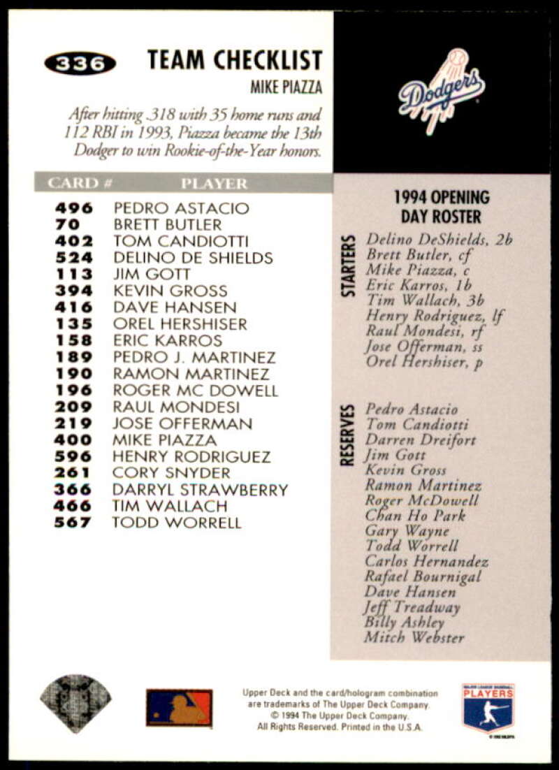 Mike Piazza TC Card 1994 Collector's Choice Silver Signature #336  Image 2