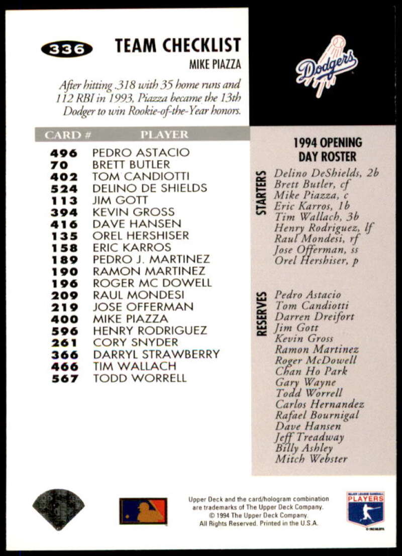 Mike Piazza TC Card 1994 Collector's Choice Silver Signature #336  Image 2