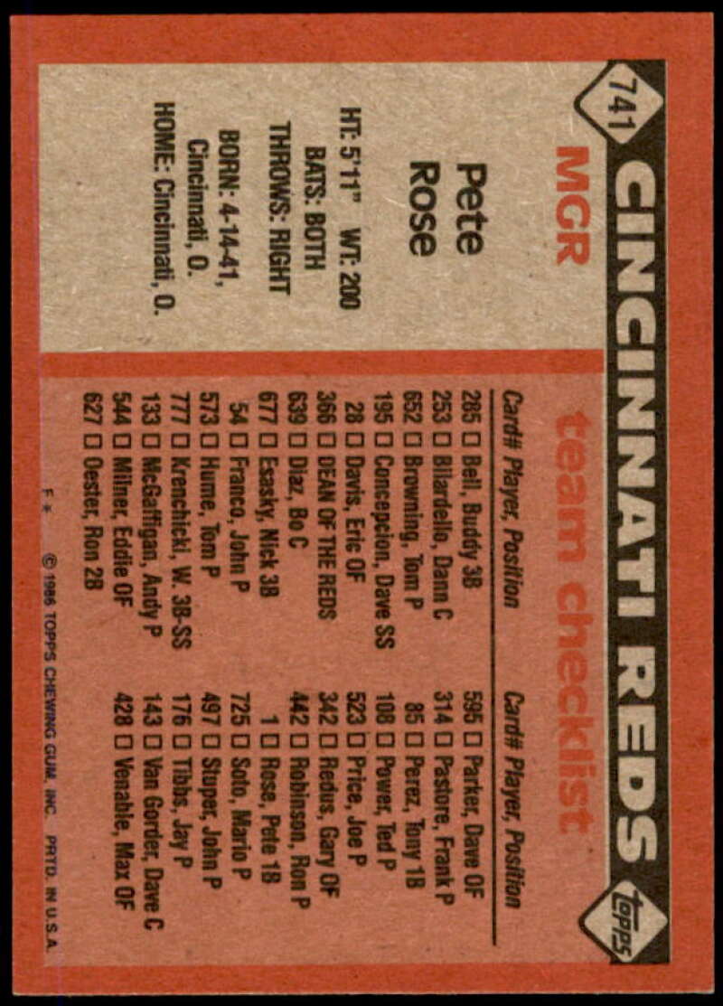 Pete Rose MG/TC Card 1986 Topps #741  Image 2