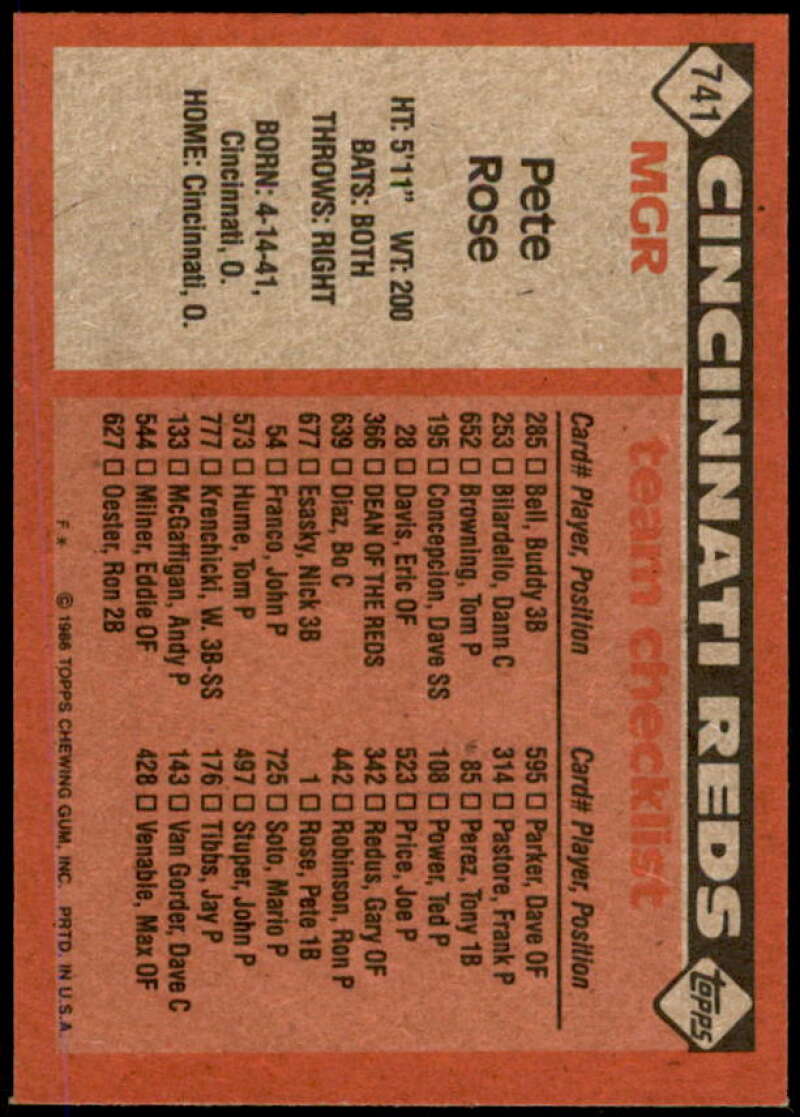 Pete Rose MG/TC Card 1986 Topps #741  Image 2