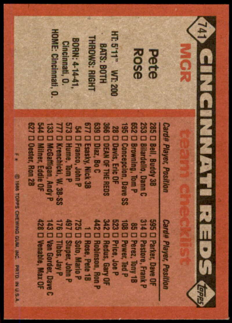Pete Rose MG/TC Card 1986 Topps #741  Image 2
