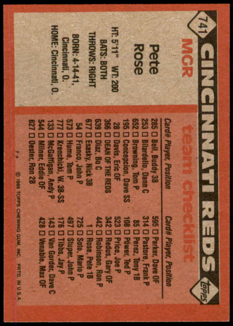 Pete Rose MG/TC Card 1986 Topps #741  Image 2