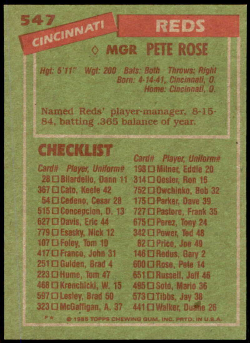 Pete Rose MG Card 1985 Topps #547  Image 2