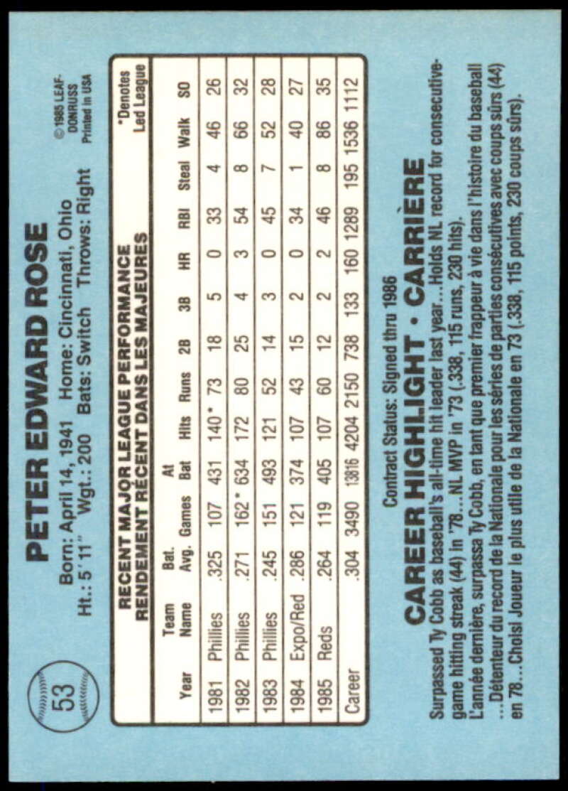 Pete Rose Card 1986 Leaf/Donruss #53  Image 2