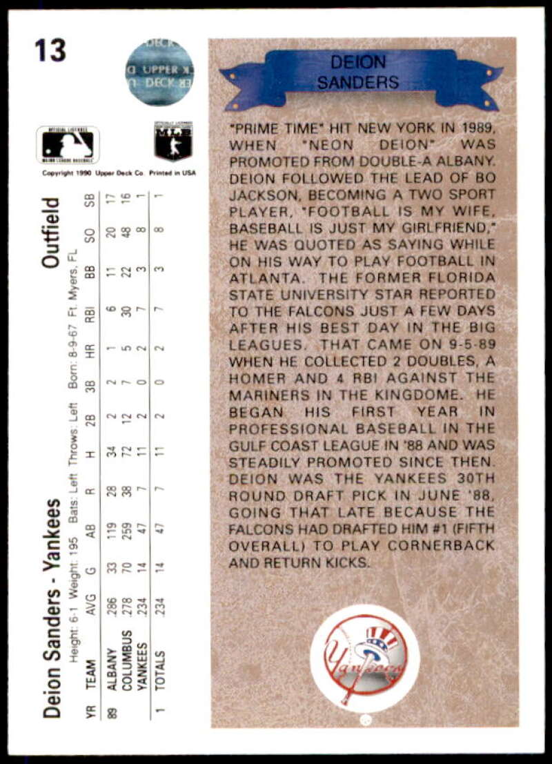 Deion Sanders Rookie Card 1990 Upper Deck #13  Image 2