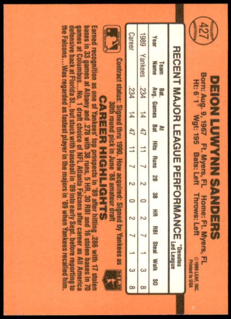 Deion Sanders Rookie Card 1990 Donruss #427  Image 2