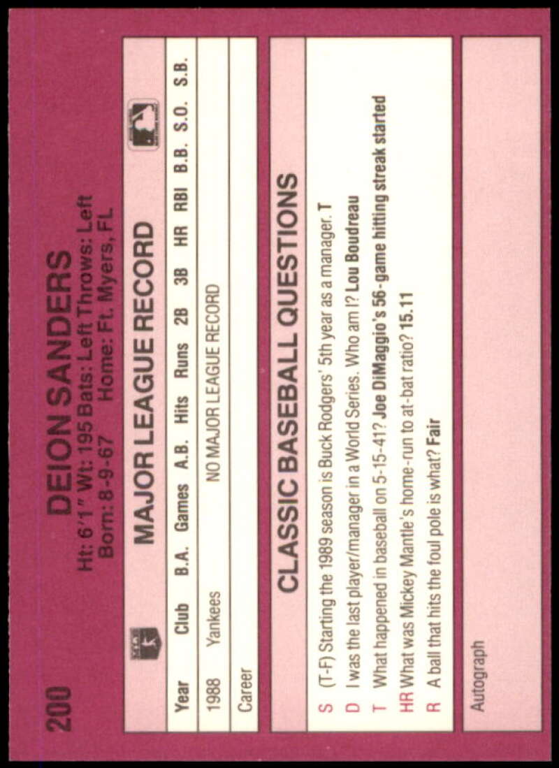 Deion Sanders1990 Leaf  1989 Classic Travel Purple #200 Deion Sanders Rookie Image 2