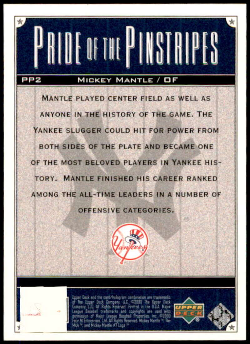 Mickey Mantle Card 2000 Upper Deck Yankees Legends Pride of the Pinstripes #PP2  Image 2