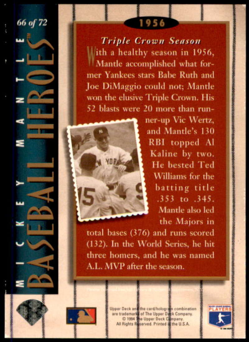 Mickey Mantle/1956 Triple Crown/Season Card 1994 Upper Deck Mantle Heroes #66  Image 2
