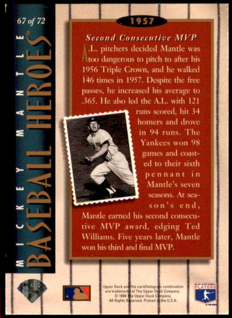 Mickey Mantle/1957 Second Consecutive/MVP 1994 Upper Deck Mantle Heroes #67  Image 2