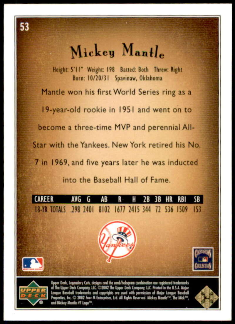 Mickey Mantle Card 2002 SP Legendary Cuts #53  Image 2