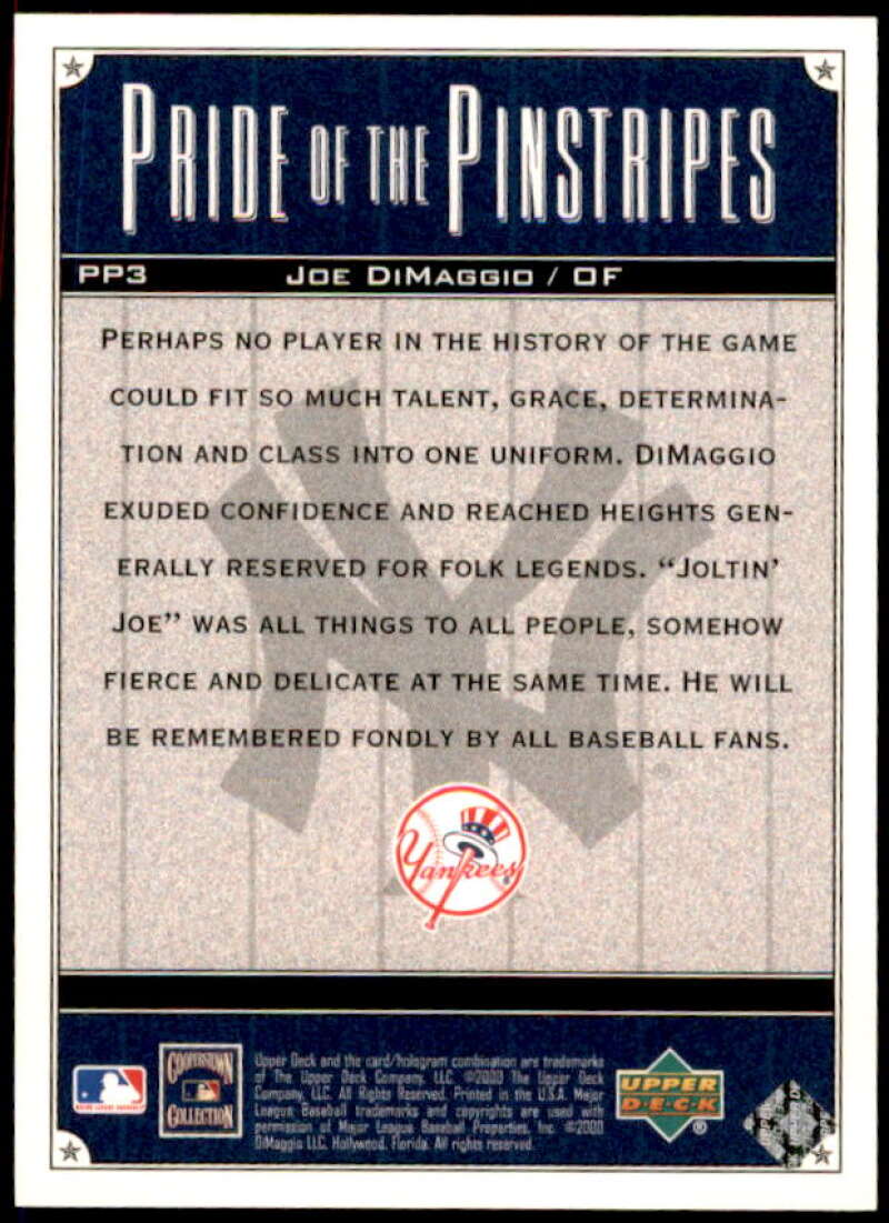 Joe DiMaggio Card 2000 Upper Deck Yankees Legends Pride of the Pinstripes #PP3  Image 2